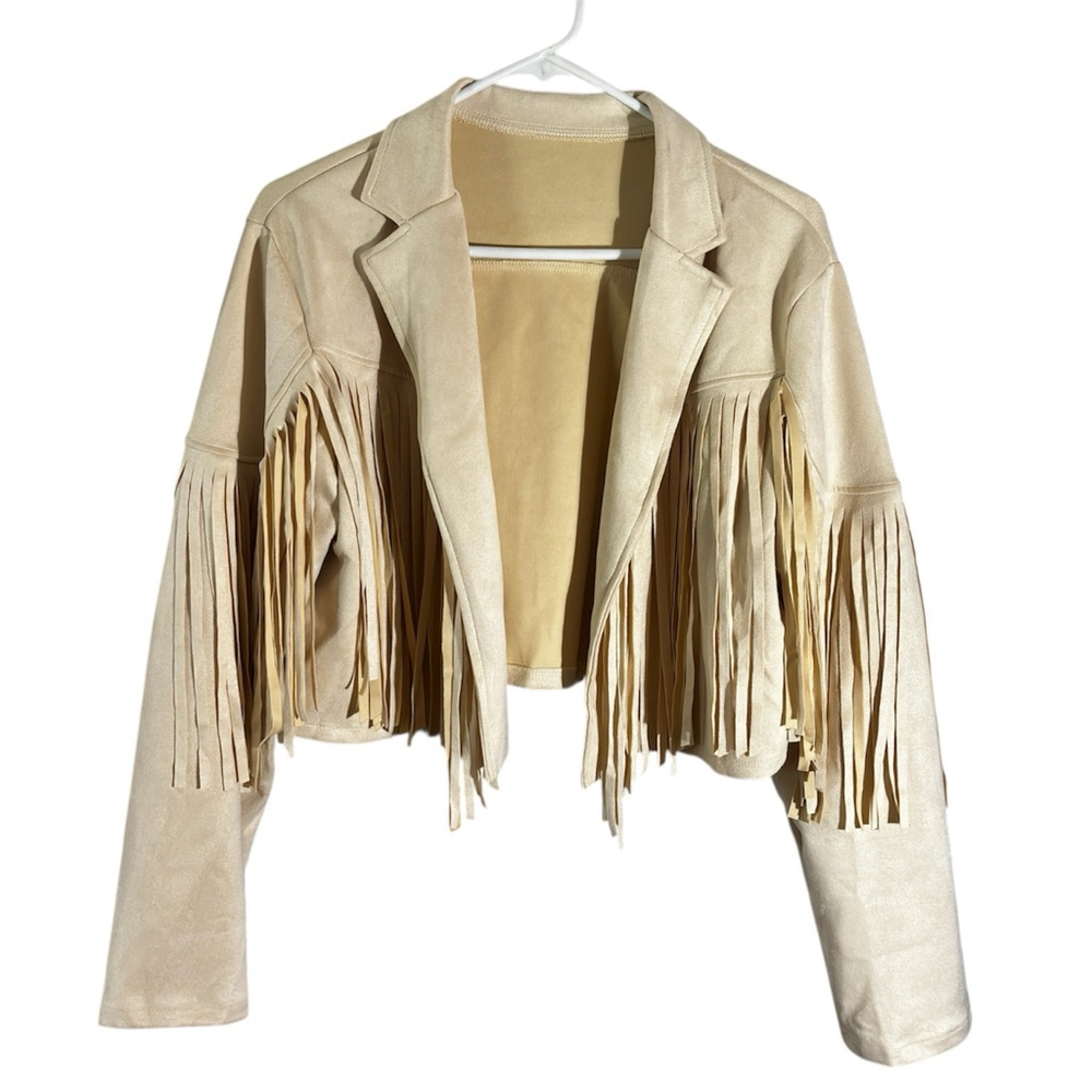 Ivory Faux Suede Fringe Cropped Jacket Western Boho Cowgirl Size XL 12 - Picture 4 of 7